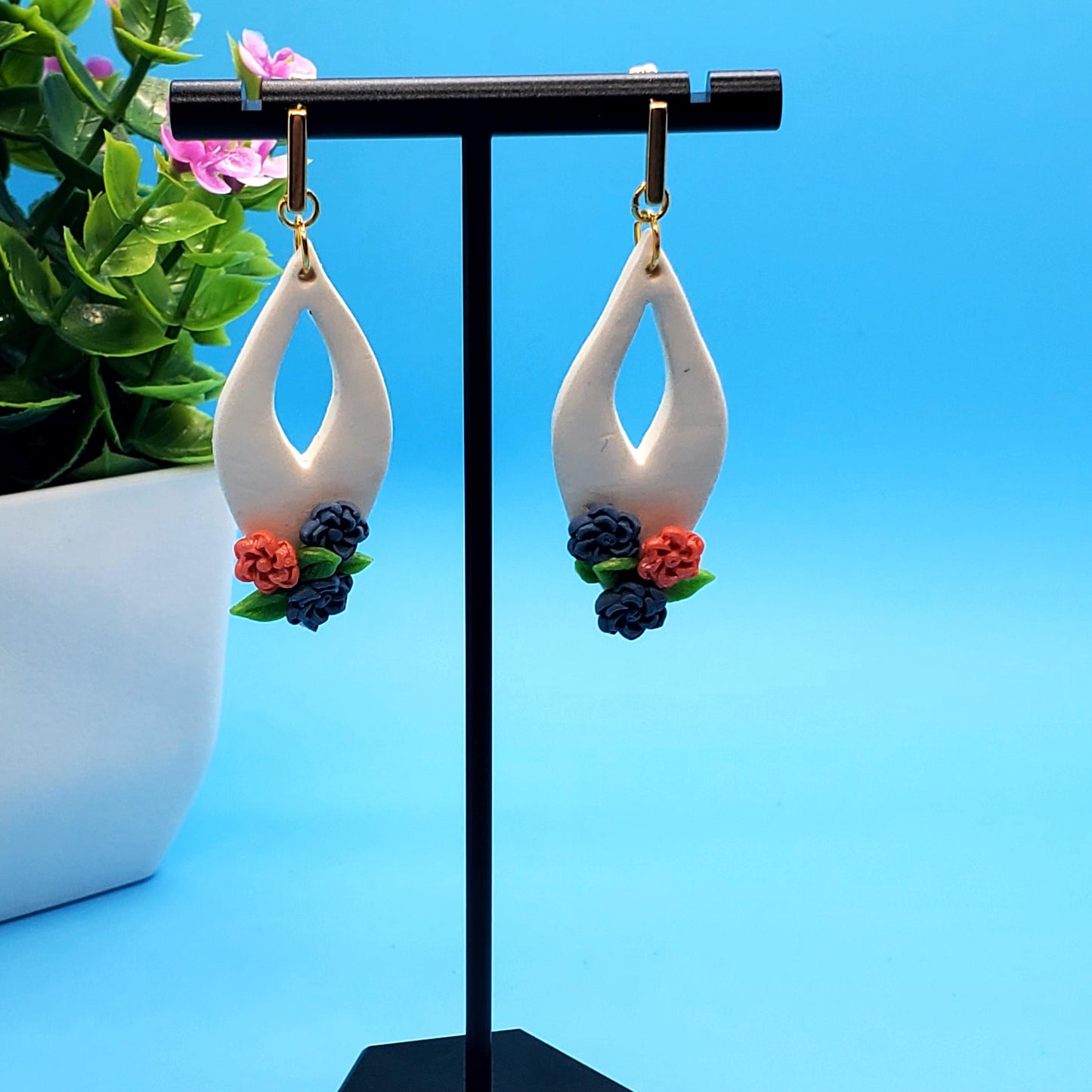 Floral Drop Clay Earrings – Handmade White Arch with Miniature Flowers • Polymer Clay Dangles • Whimsical Spring Jewelry