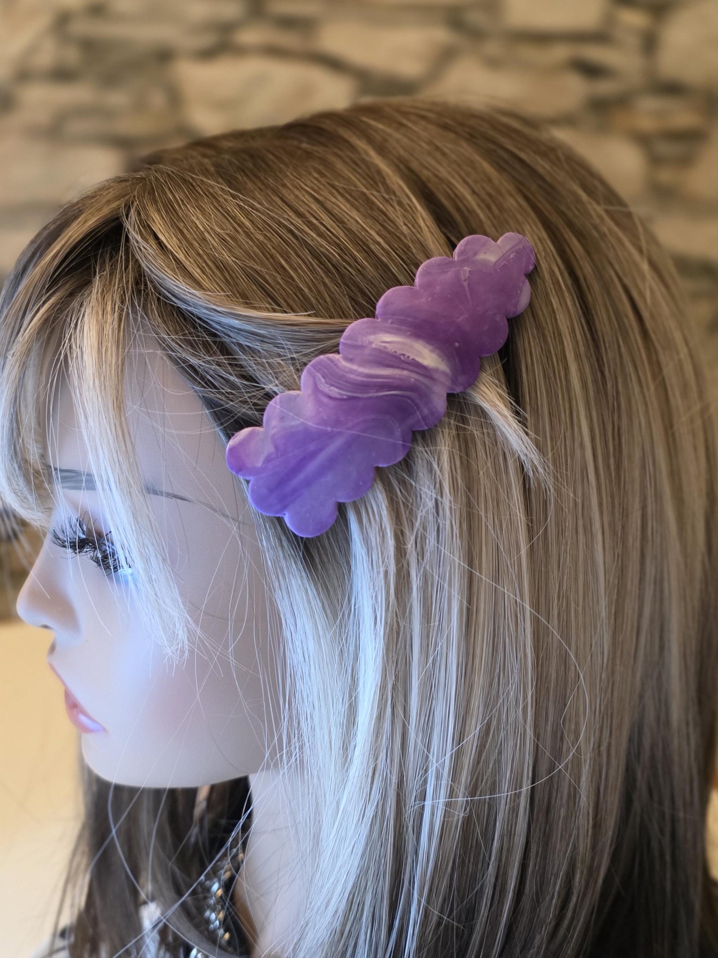 Purple Marble Scallop Barrette | Handmade Polymer Clay French Hair Clip | Soft Violet Waves