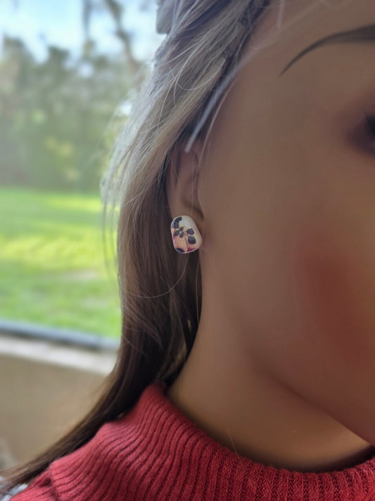 Fall Floral Pumpkin Stud Earrings 🎃 Berry & Misty Blue Blooms (Non-Resin Gloss)