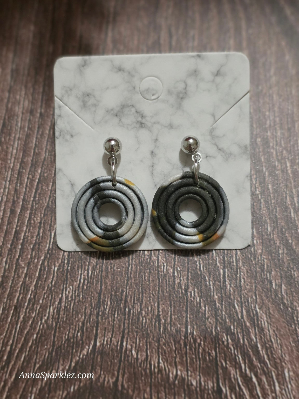 Triple Spiral Earrings 🖤 Black & Silver Marble Clay Circles