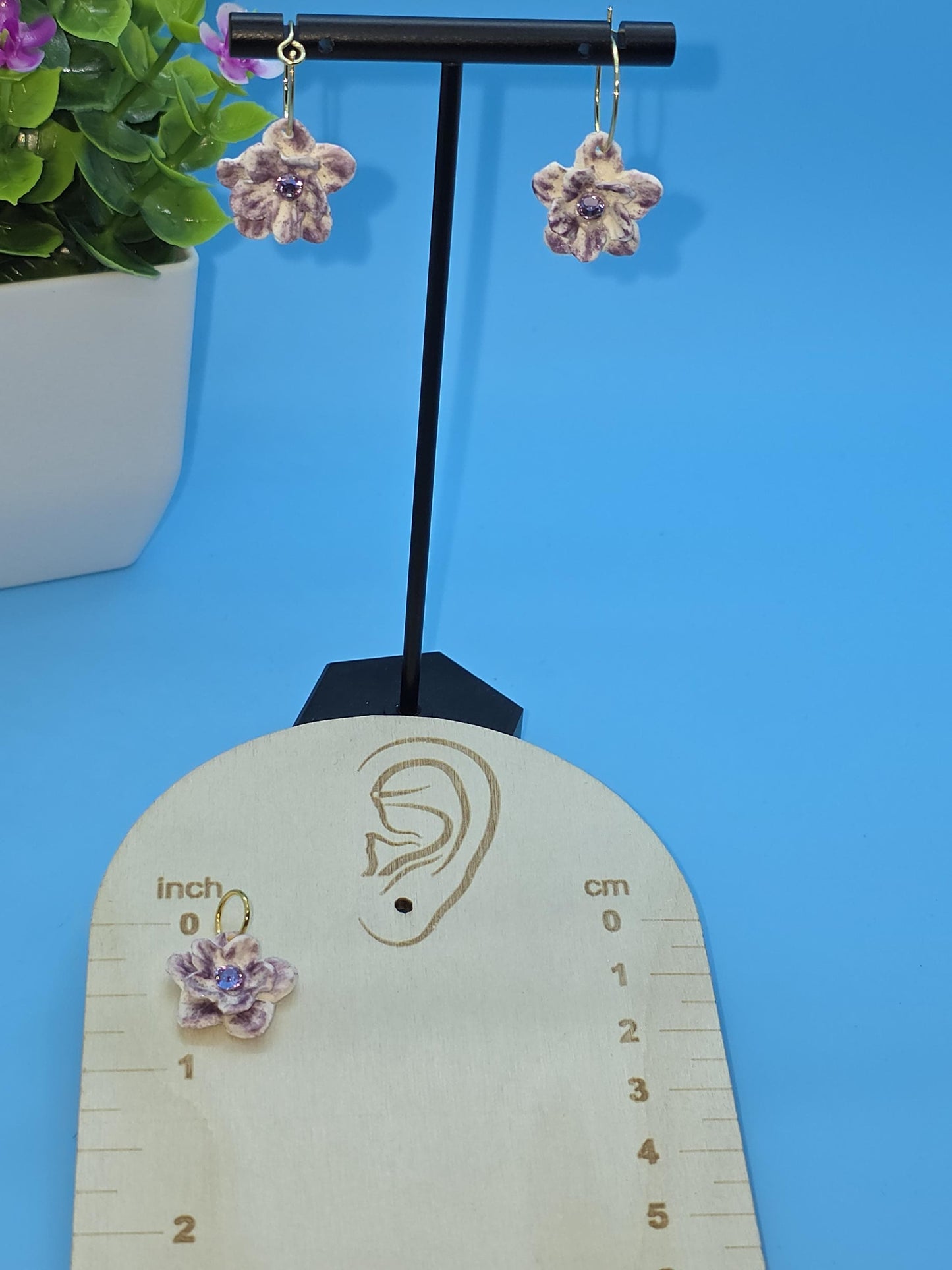 Petite Purple Blossom Hoops – Floral Polymer Clay Earrings with Lavender Rhinestones • Lightweight Handmade Hoops