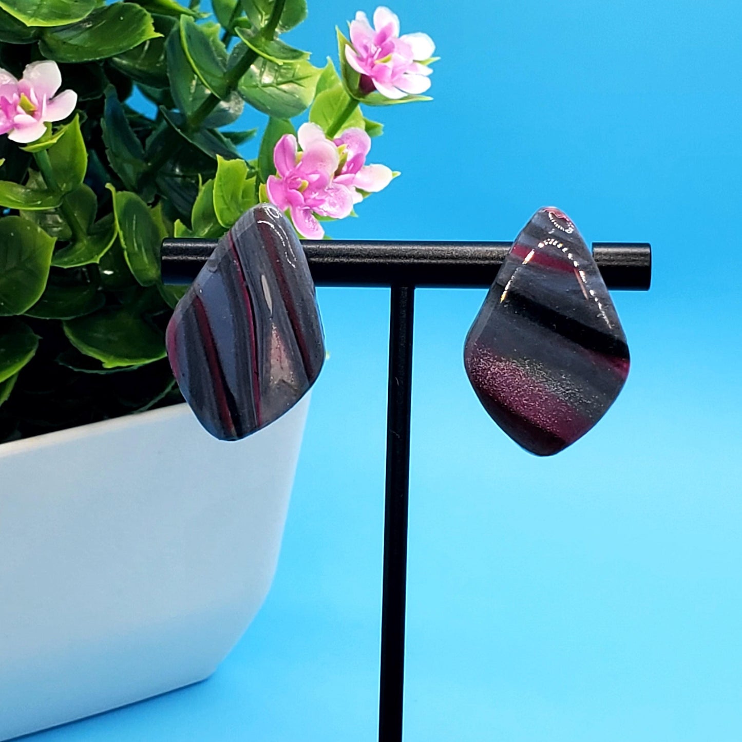 Glossy Resin-Coated Clay Studs – Slate Blue & Pink Marbled Polymer Earrings • Bold Handmade Statement Post Earrings