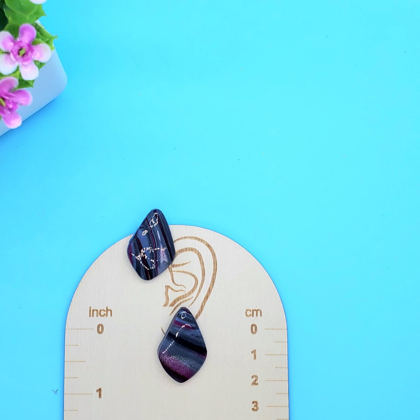Glossy Resin-Coated Clay Studs – Slate Blue & Pink Marbled Polymer Earrings • Bold Handmade Statement Post Earrings
