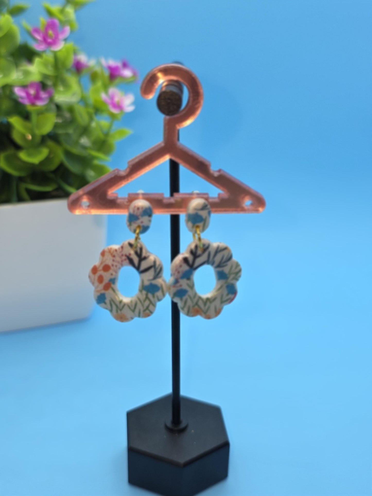 Blue Blossom Dangle Earrings β Resin-Coated Polymer Clay Floral Drops