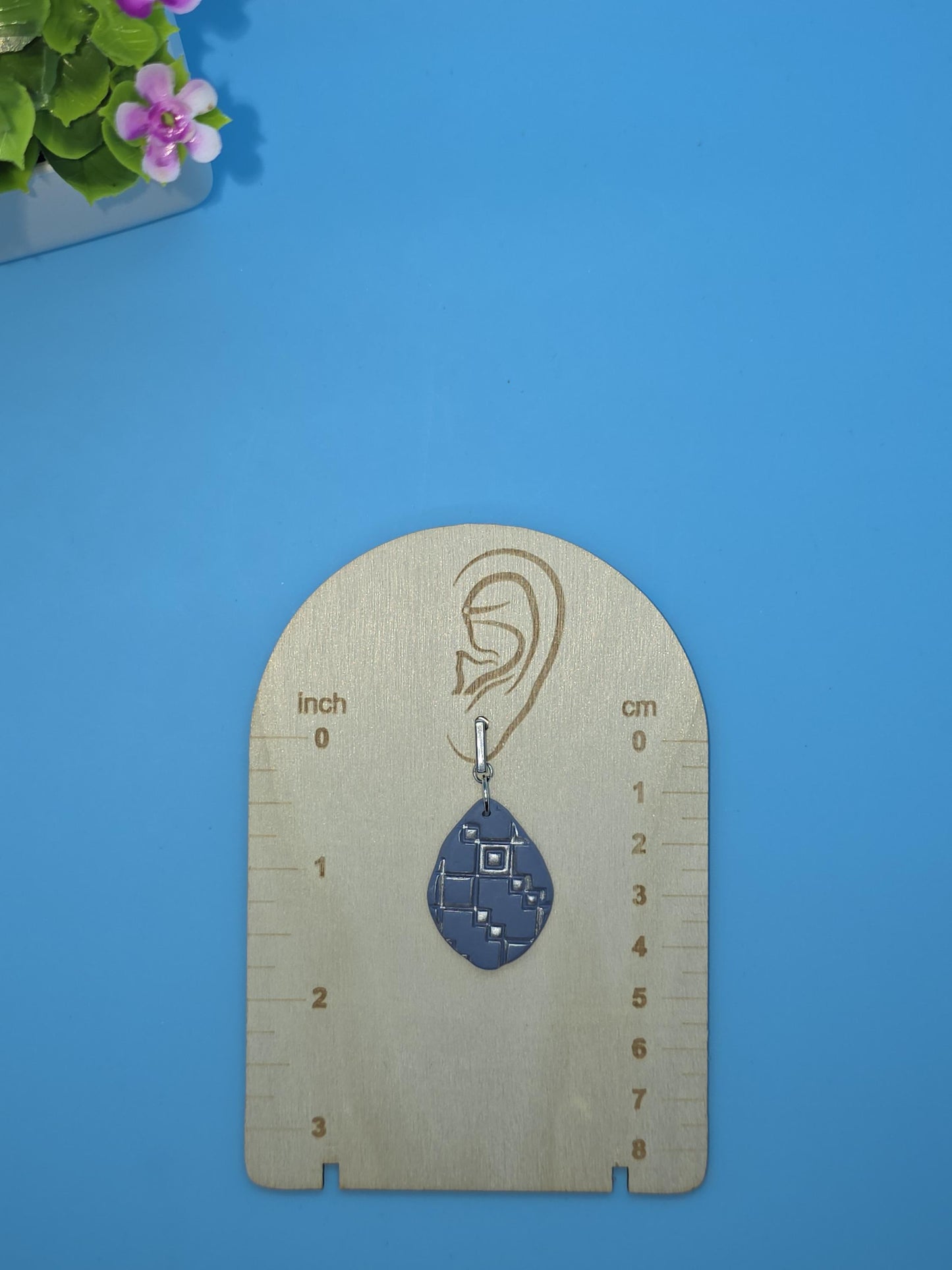 Geometric Clay Earrings – Silver-Slate blue Teardrop Polymer Earrings • Embossed Pattern • Lightweight Modern Jewelry