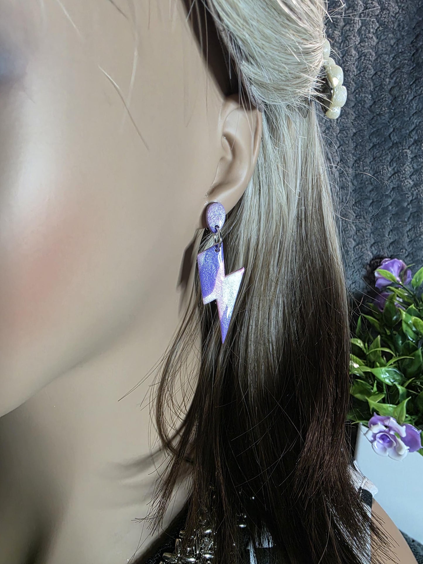 Resin Spark Dangle Earrings – Purple Pink & Pearl Lightning Bolts | Spark Collection