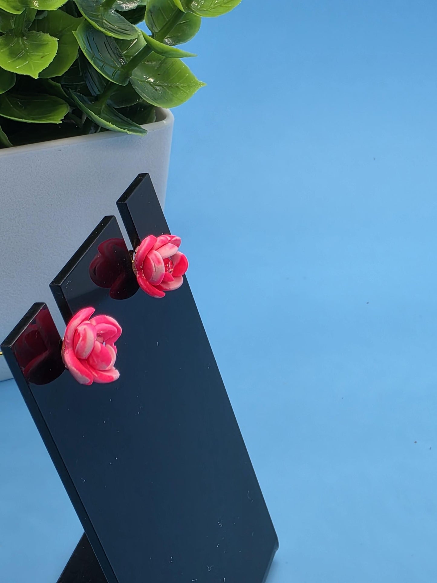 Pink Flower Clay Stud Earrings β Small Handmade 3-Petal Floral with Rhinestone Center β’ Polymer Clay Jewelry β’ Gift for Her