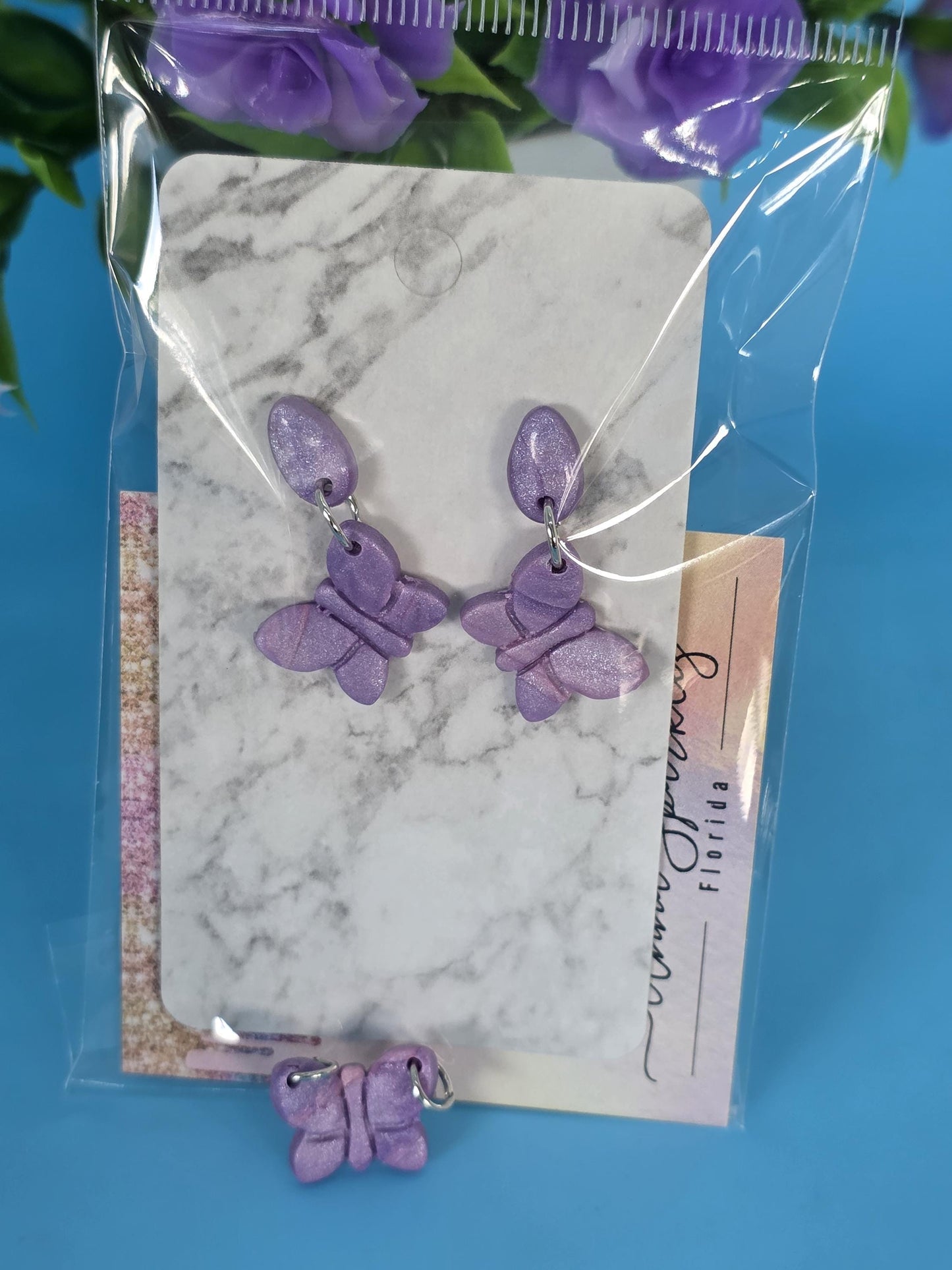Lavender Butterfly Clay Pendant | Handmade Polymer Charm | Pink & Purple Marbled Sparkle | Chain Not Included