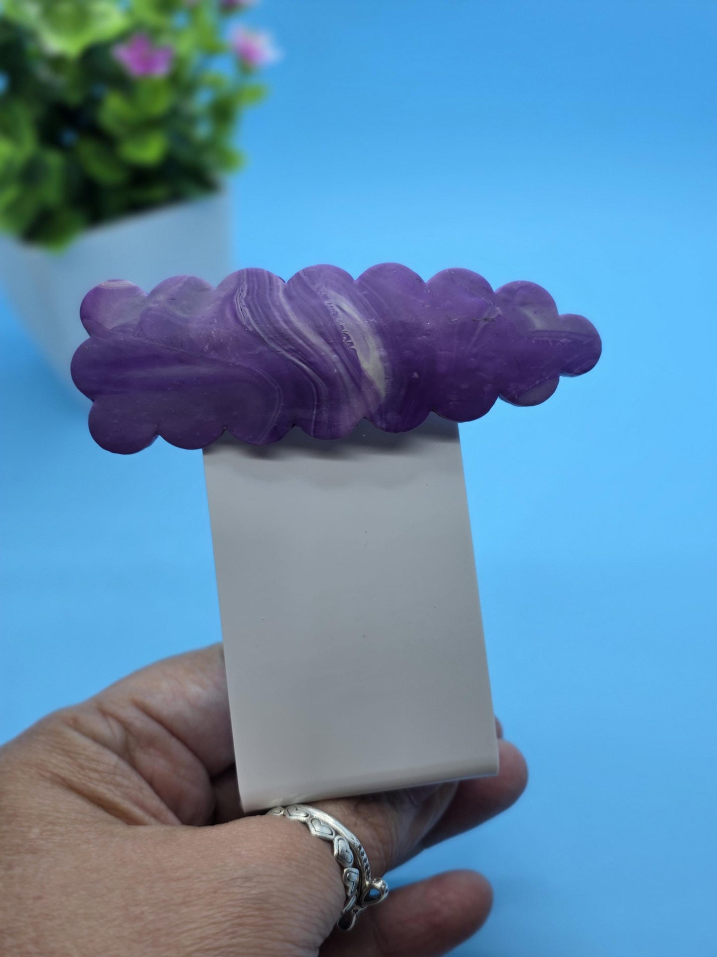 Purple Marble Scallop Barrette | Handmade Polymer Clay French Hair Clip | Soft Violet Waves