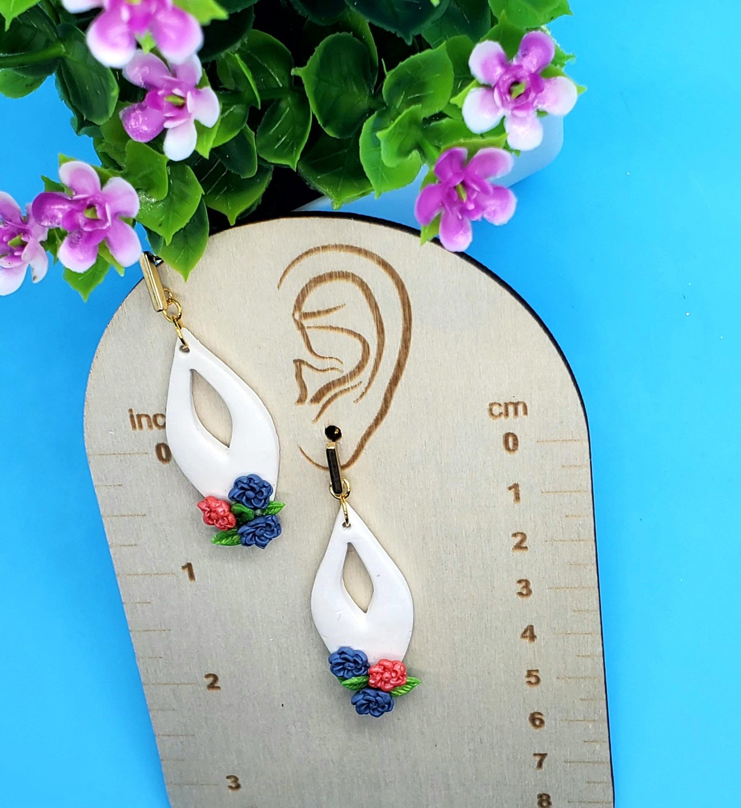 Floral Drop Clay Earrings – Handmade White Arch with Miniature Flowers • Polymer Clay Dangles • Whimsical Spring Jewelry