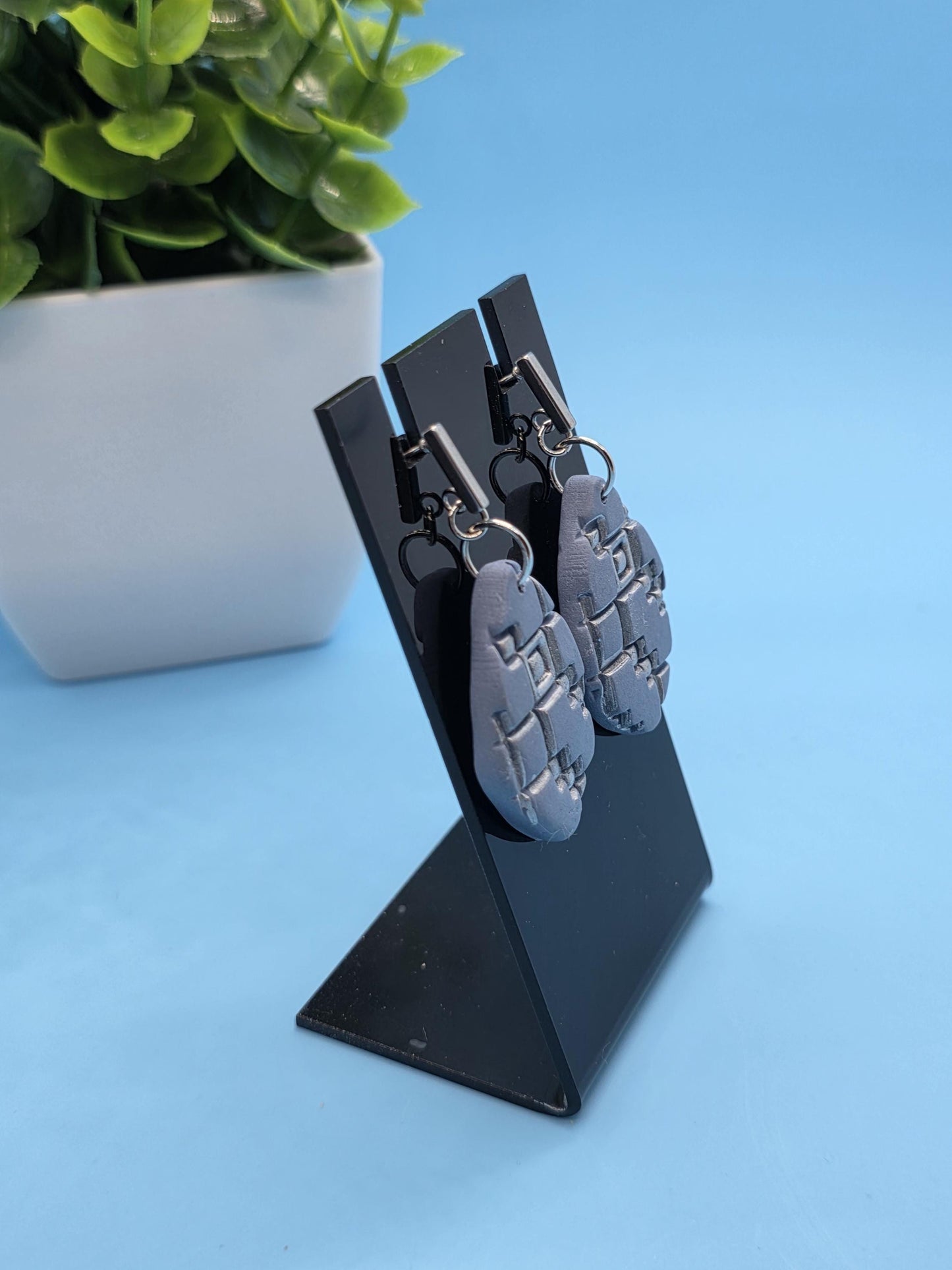 Geometric Clay Earrings – Silver-Slate blue Teardrop Polymer Earrings • Embossed Pattern • Lightweight Modern Jewelry