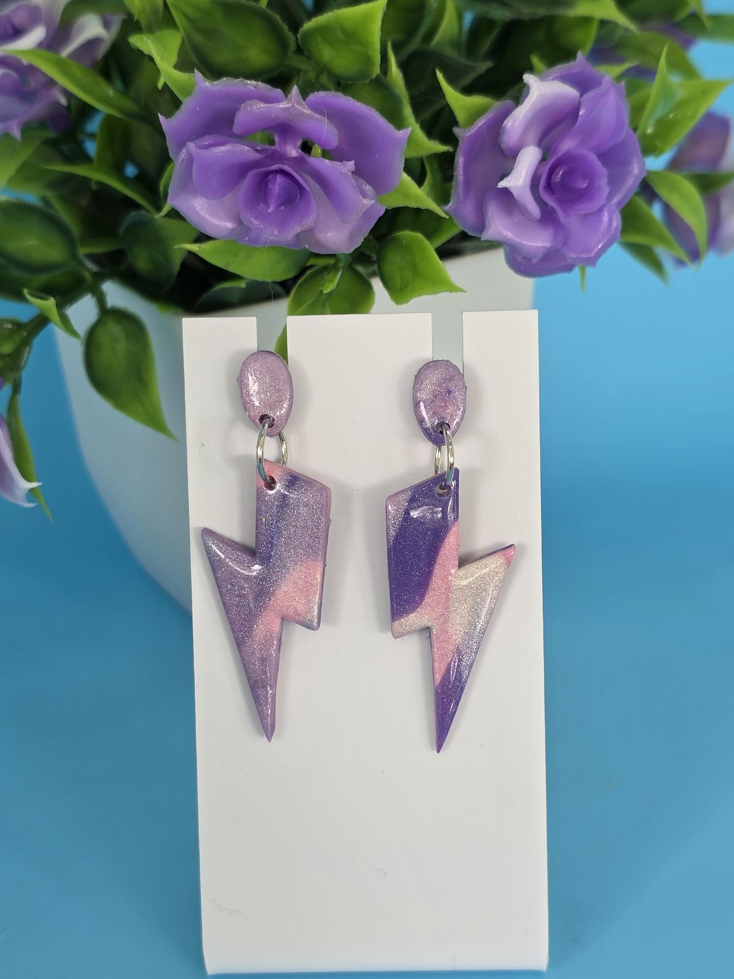 Resin Spark Dangle Earrings – Purple Pink & Pearl Lightning Bolts | Spark Collection