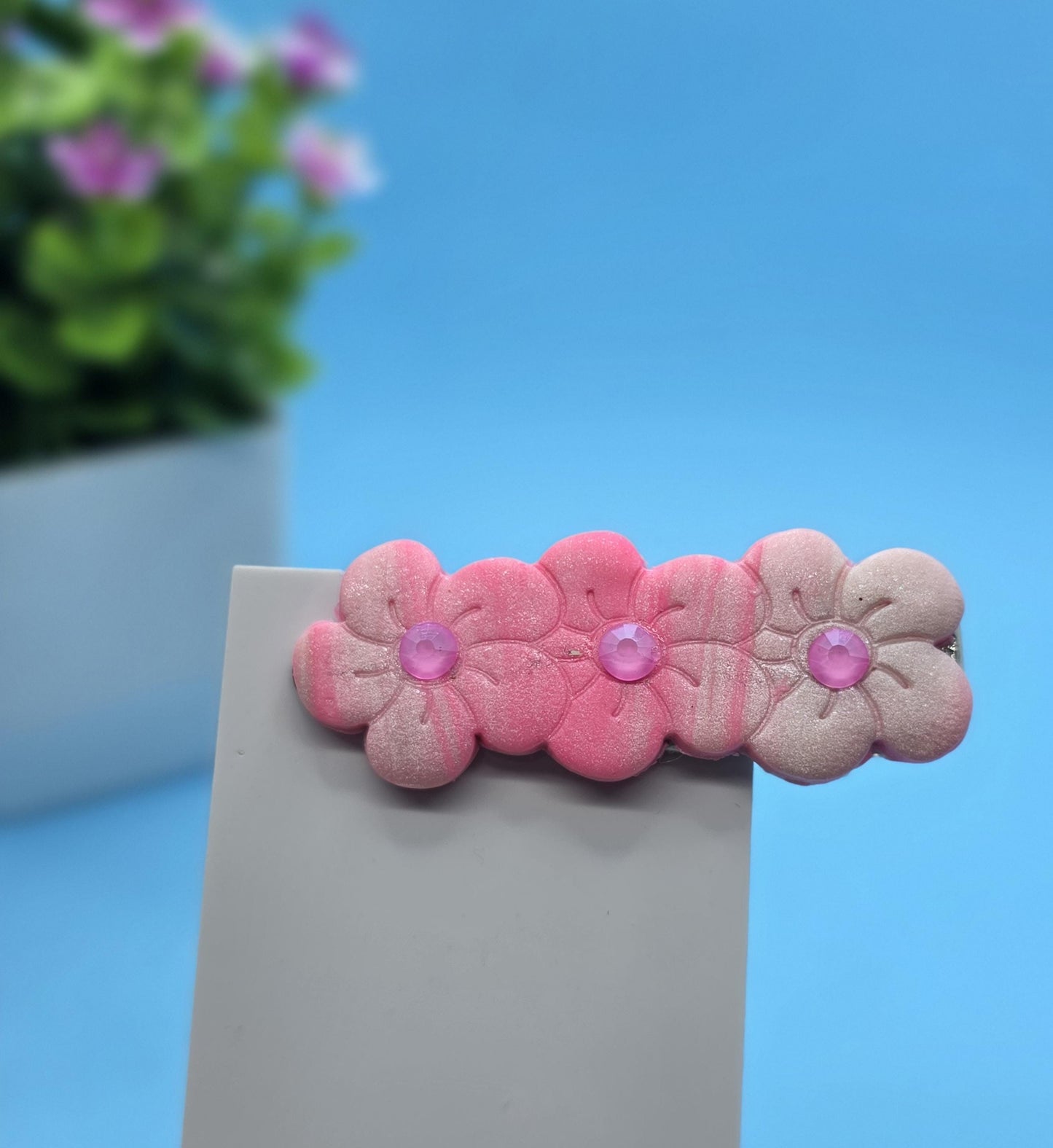 Pink Petals Hair Clip – Soft Ombre Florals with Rhinestones | Small