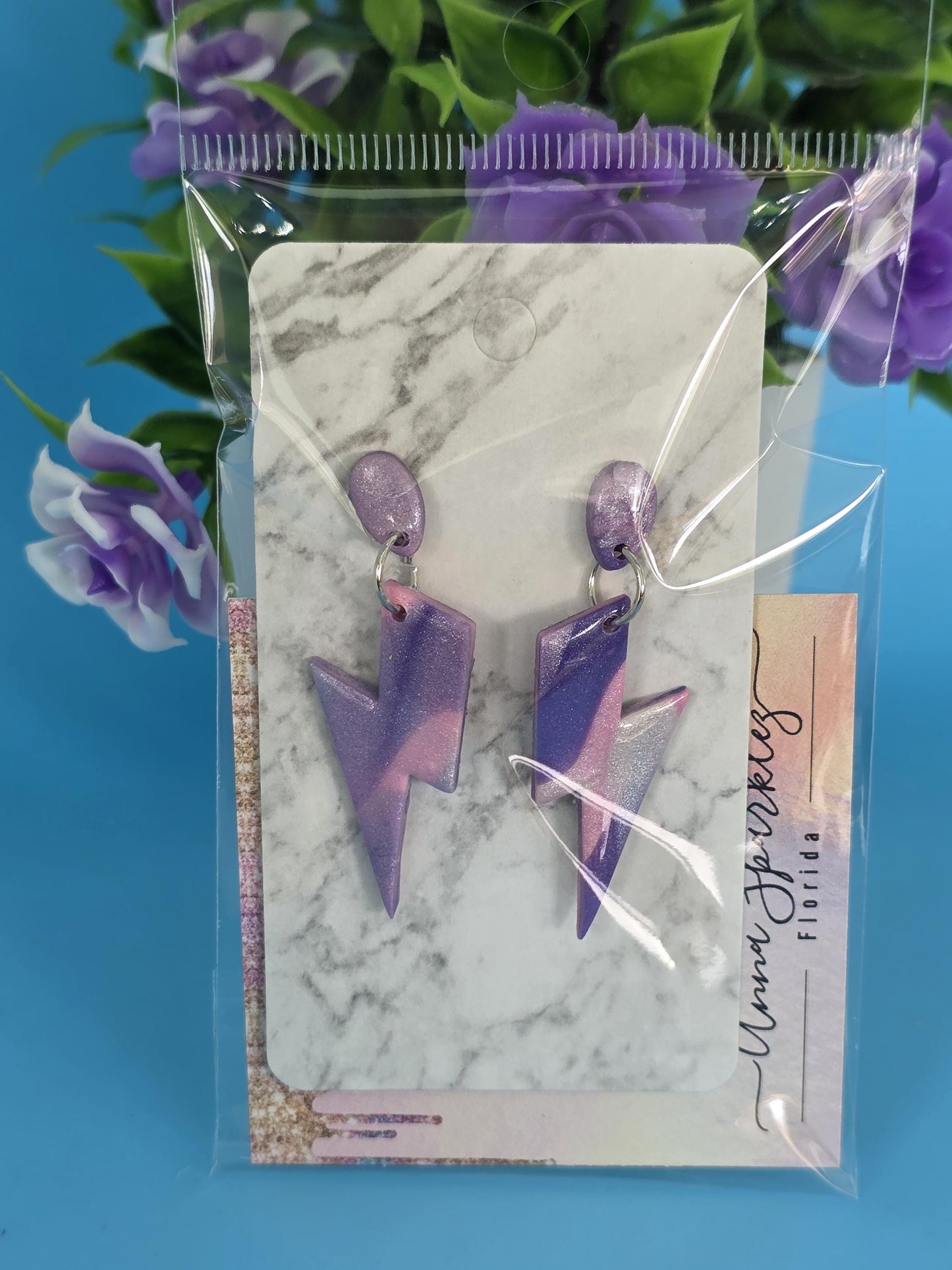Resin Spark Dangle Earrings – Purple Pink & Pearl Lightning Bolts | Spark Collection