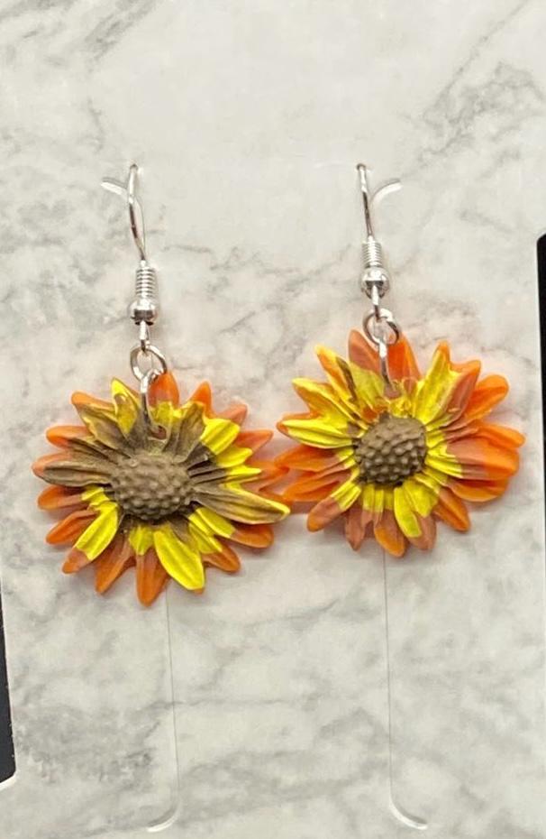 Sunflower Dangle Earrings β Handcrafted Polymer Clay Yellow & Orange Flower Earrings on Fishhooks