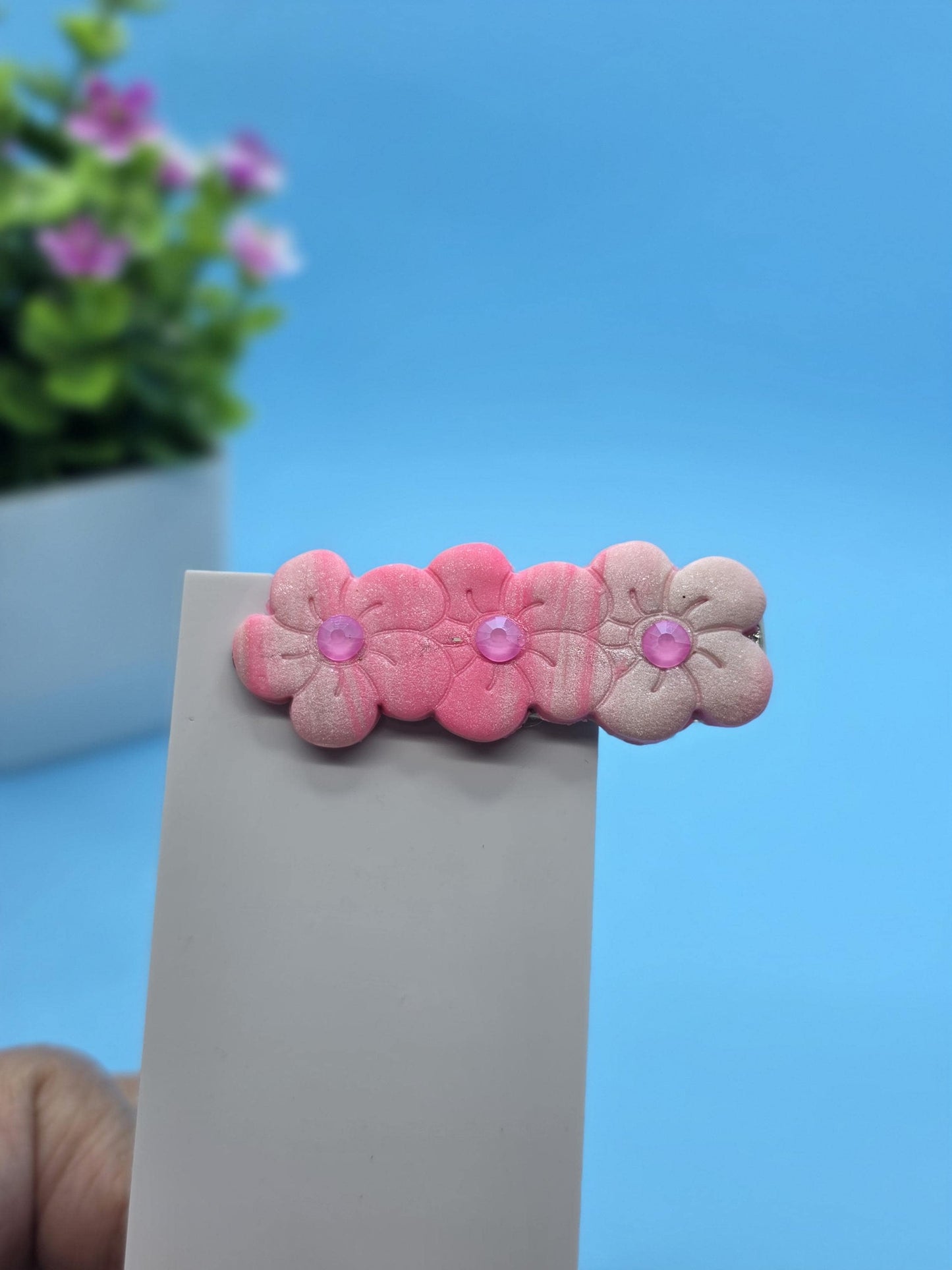 Pink Petals Hair Clip – Soft Ombre Florals with Rhinestones | Small