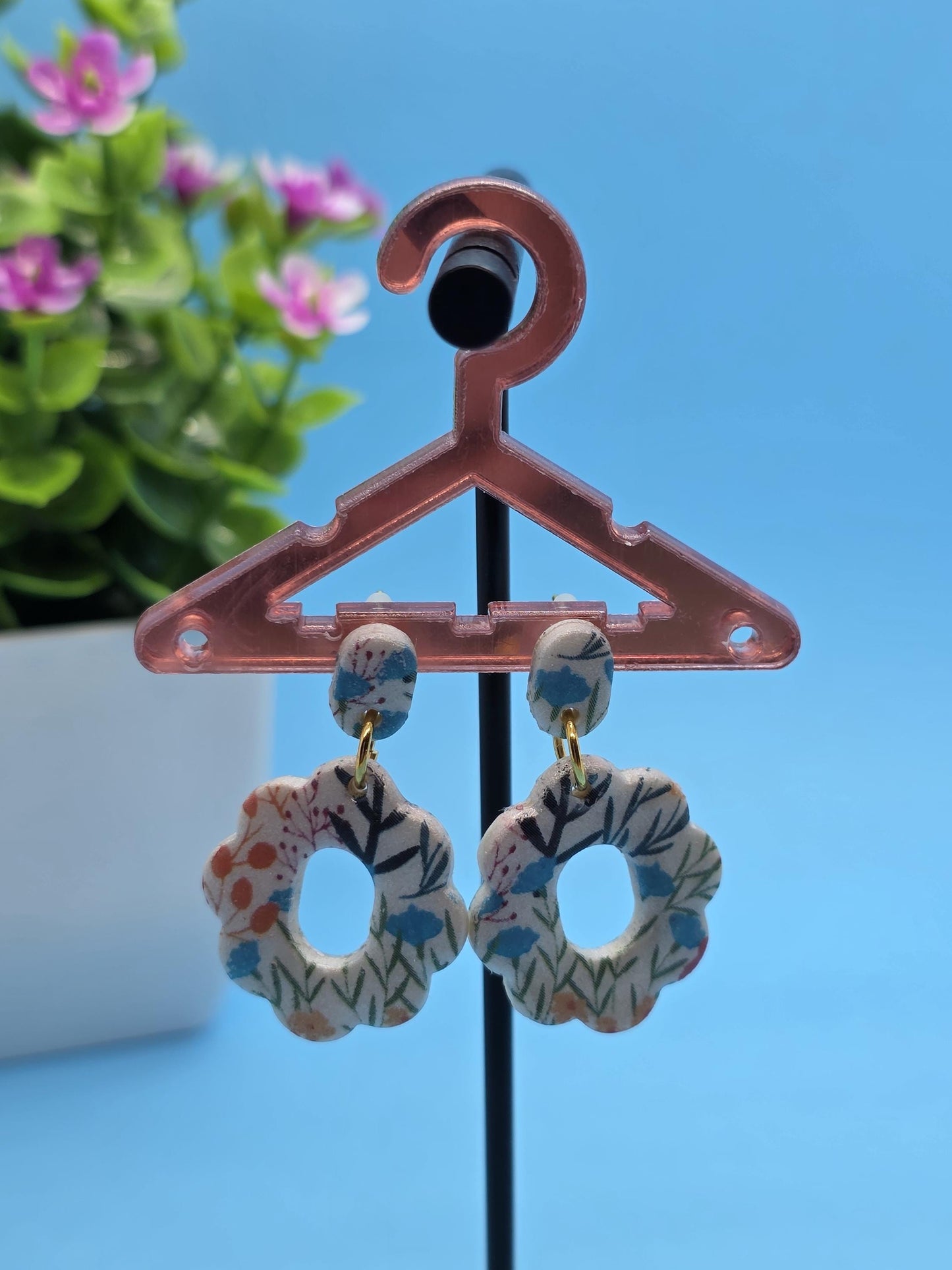 Blue Blossom Dangle Earrings – Resin-Coated Polymer Clay Floral Drops