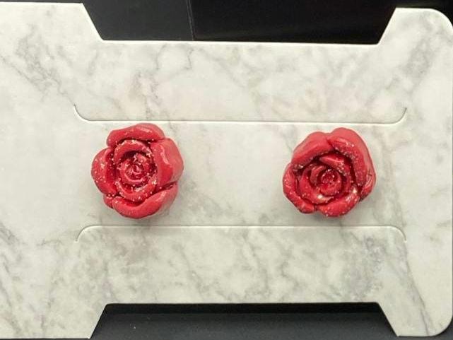 Glittered Red Rose Stud Earrings – Glossy Polymer Clay Floral Studs