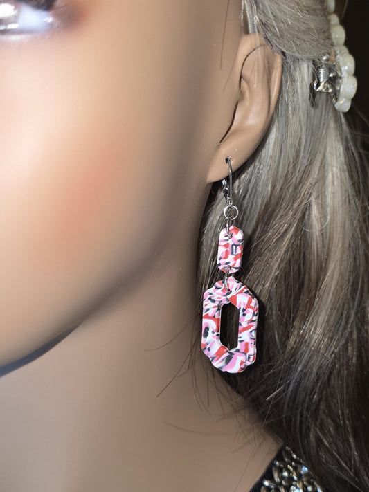 Bold Confetti Clay Dangles – Pink, White & Black Abstract Polymer Earrings • Lightweight Handmade Statement Dangles