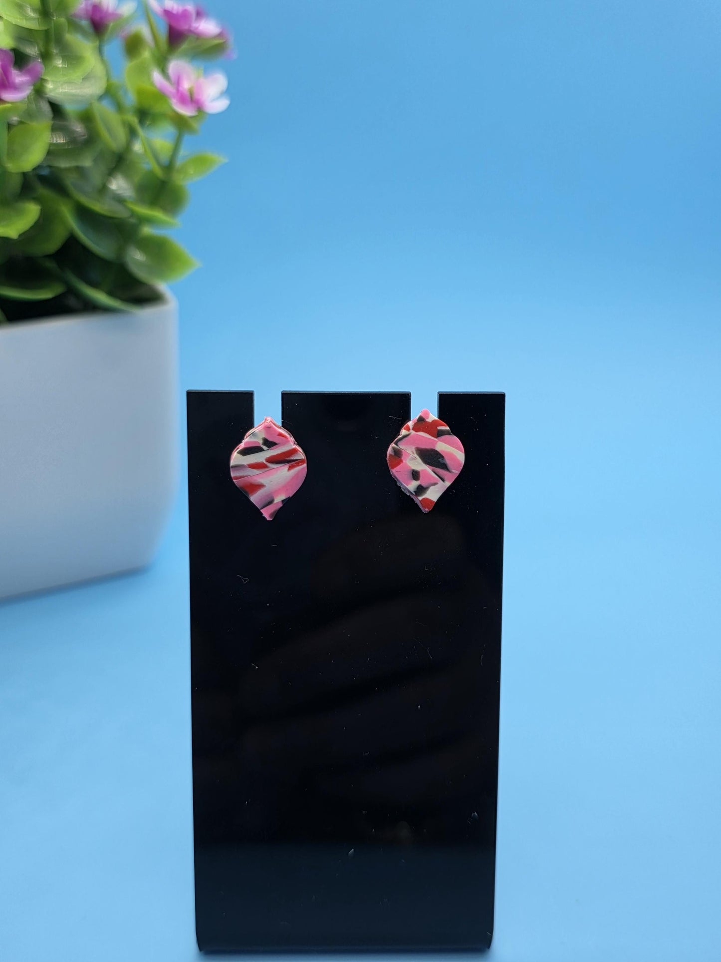 Tropical Swirl Stud Earrings – Marbled Pink, White & Black Mini Posts • Handmade Polymer Clay Studs • Bold and Playful Accessory