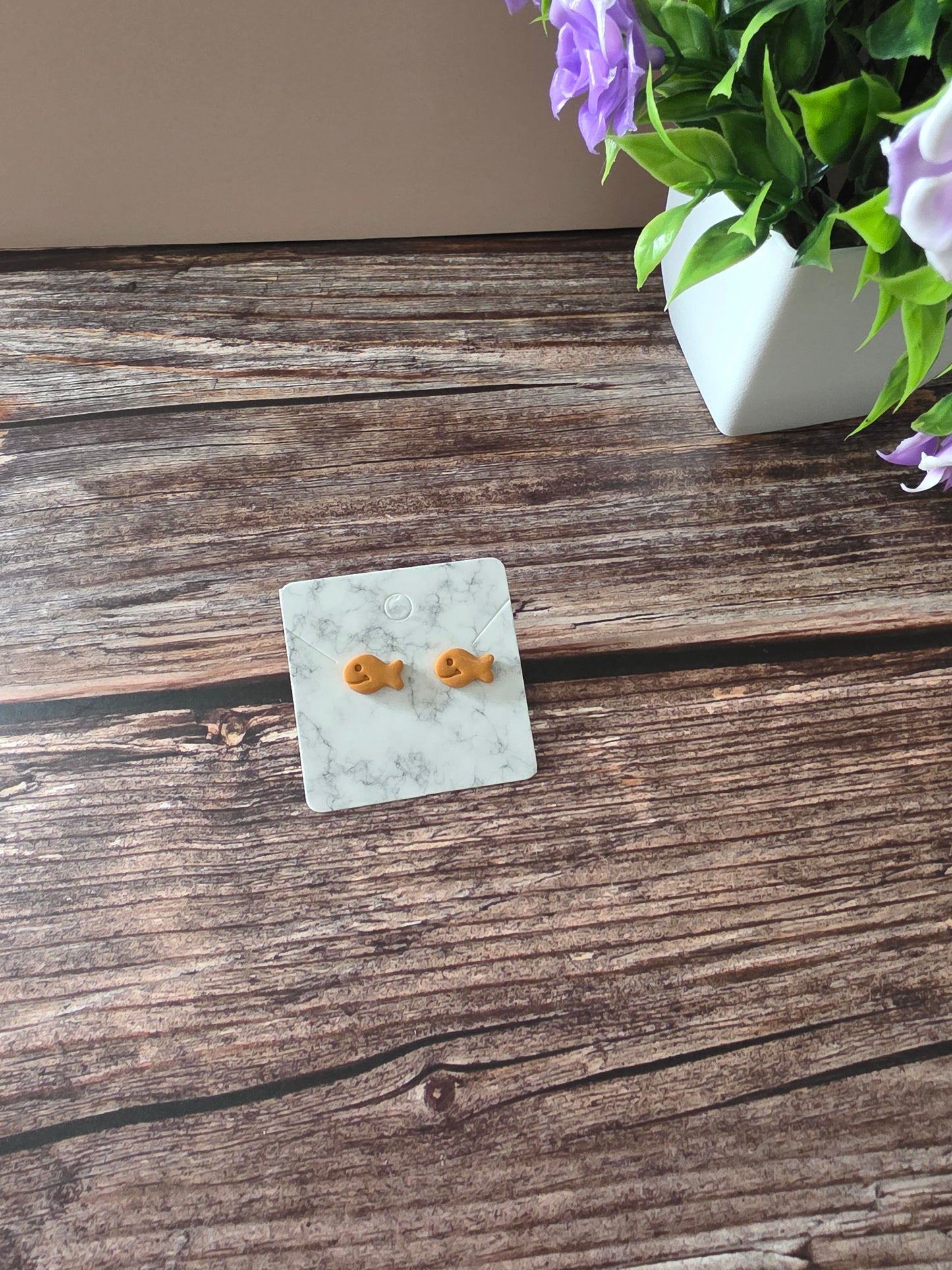 Whimsical Goldfish Stud Earrings | Playful Polymer Clay Cheddar Cracker-Inspired Studs
