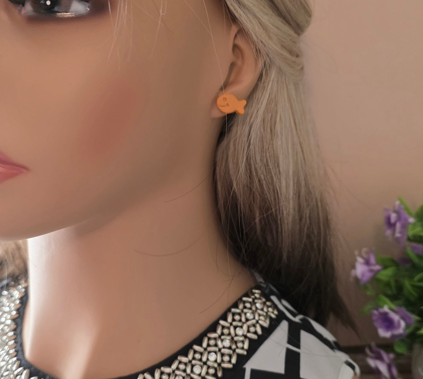 Whimsical Goldfish Stud Earrings | Playful Polymer Clay Cheddar Cracker-Inspired Studs