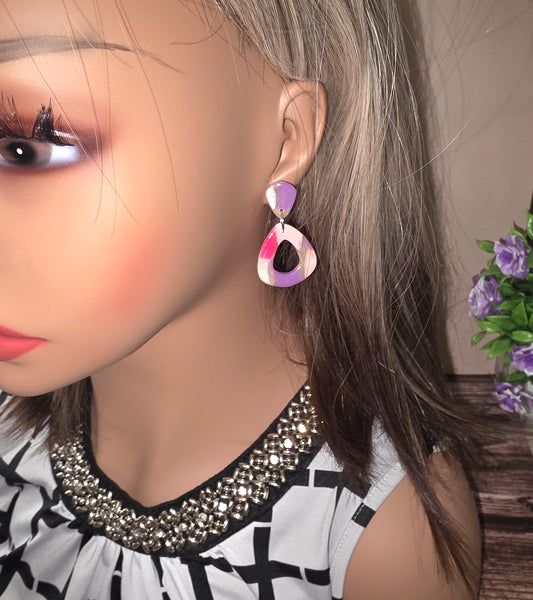 Pink & Purple Teardrop Dangles – Glossy Marble Shimmer Earrings