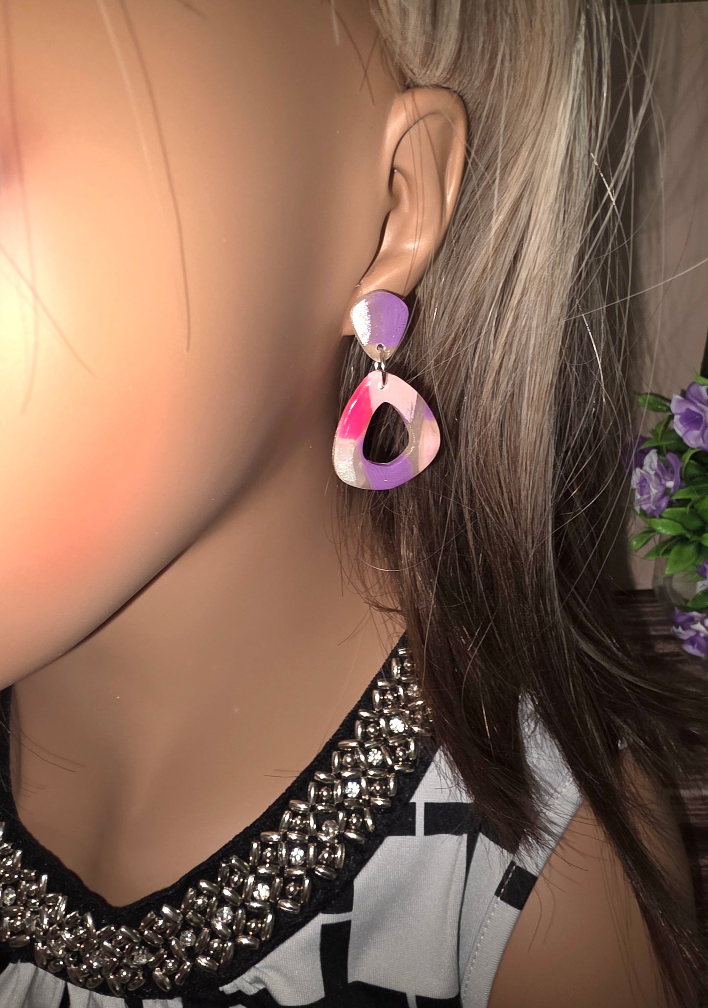 Pink & Purple Teardrop Dangles – Glossy Marble Shimmer Earrings