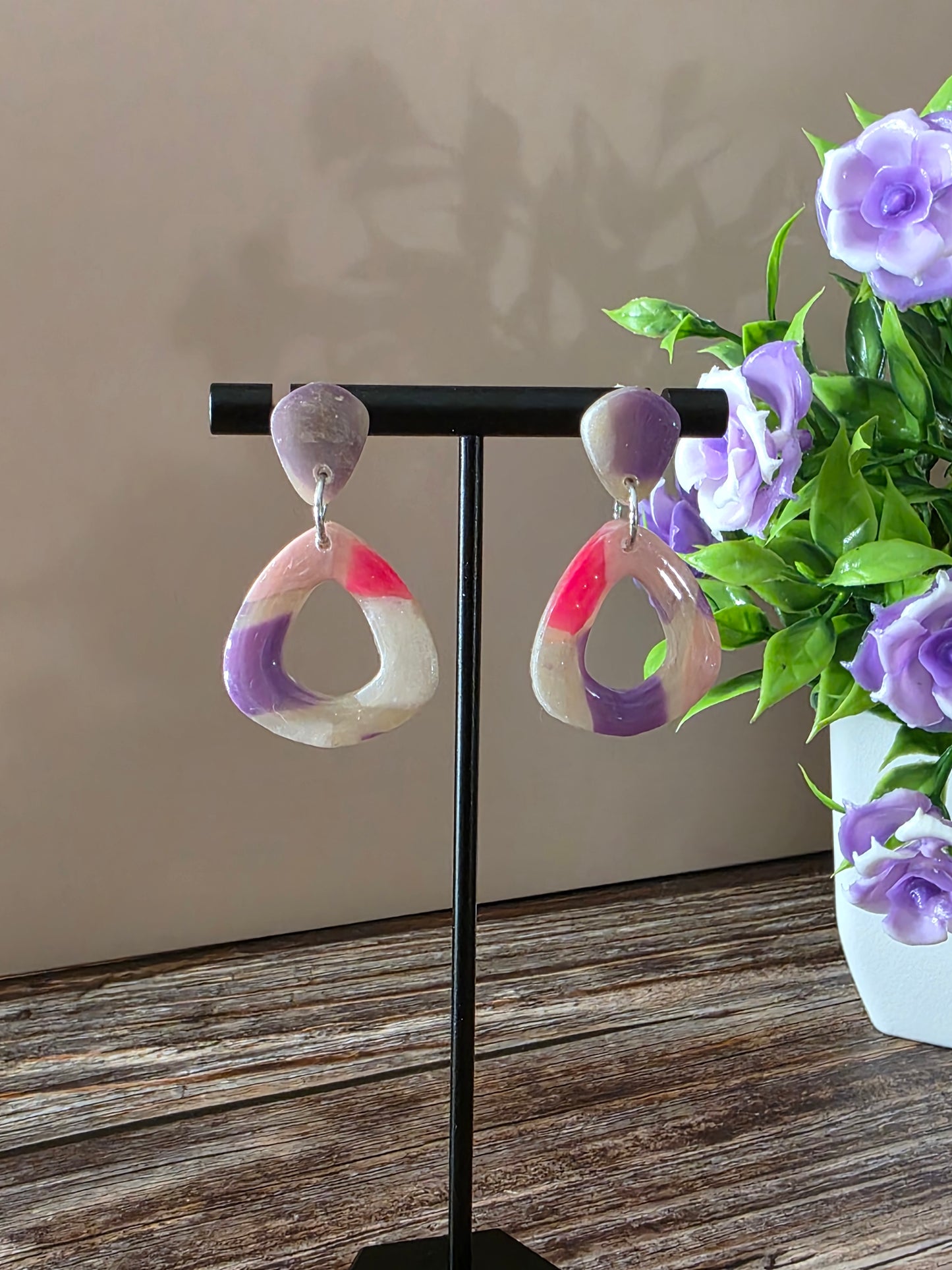 Pink & Purple Teardrop Dangles – Glossy Marble Shimmer Earrings