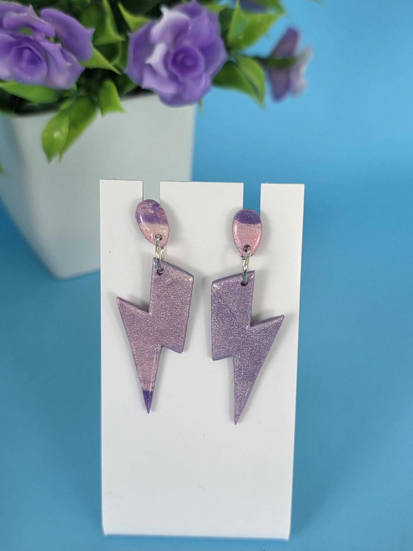 Purple Lightning Bolt Dangles – Soft Marble |Spark Collection |Resin-Coated