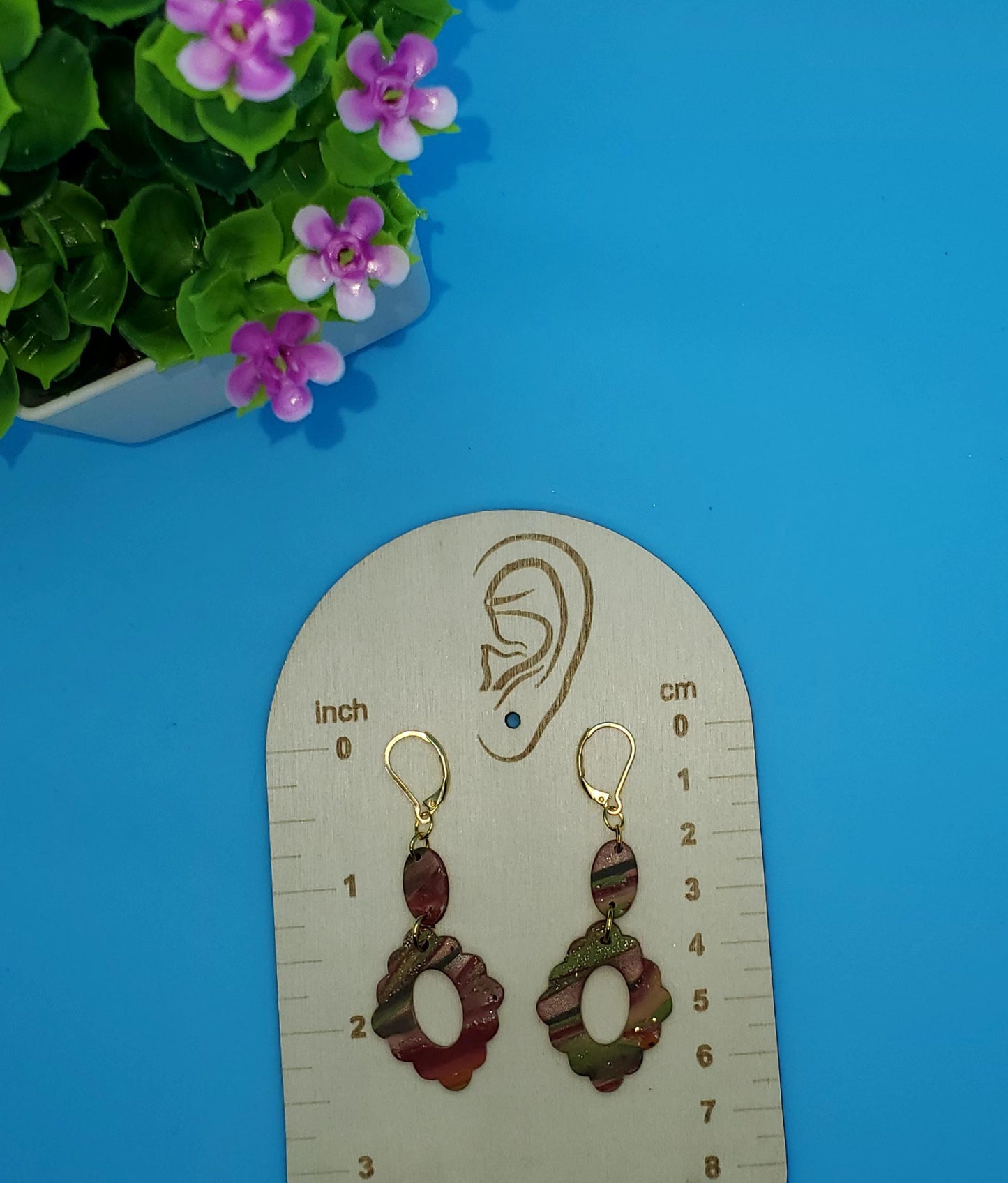 Scalloped Drop Clay Earrings – Marbled Polymer Clay with Gold Flecks • Handmade Boho Statement Dangles • Autumn Vibes
