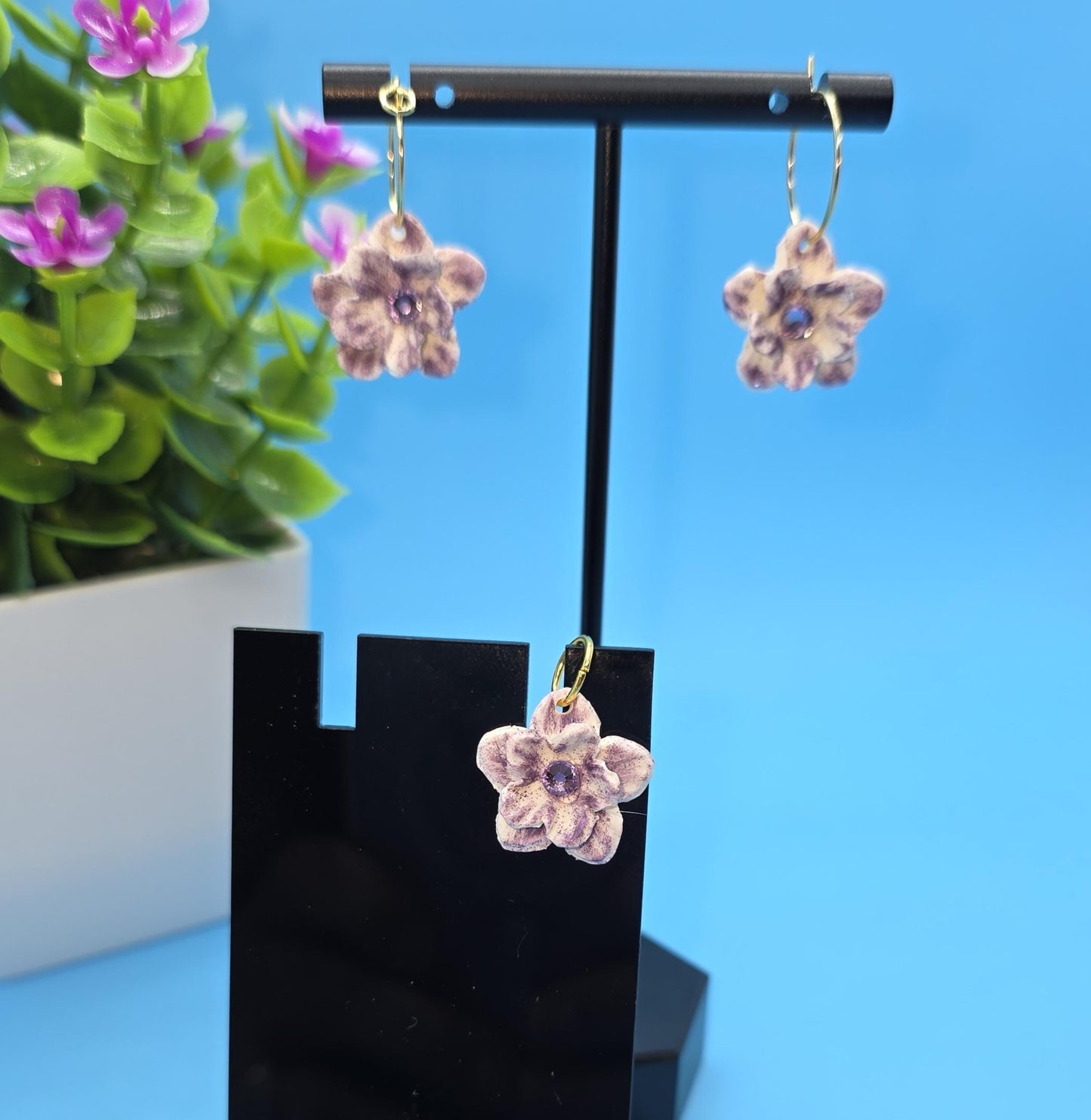 Petite Purple Blossom Hoops – Floral Polymer Clay Earrings with Lavender Rhinestones • Lightweight Handmade Hoops