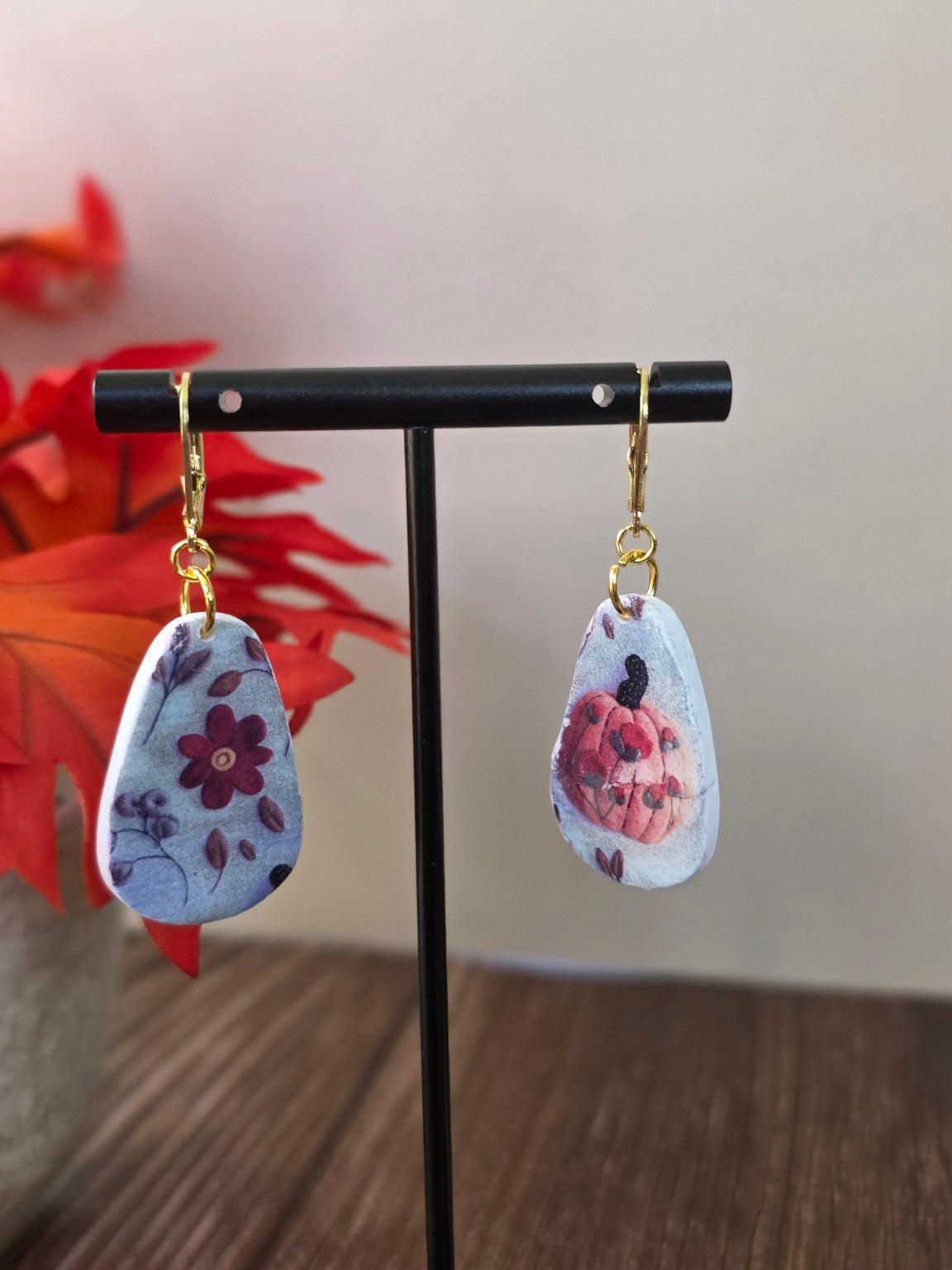 Fall Floral Pumpkin Dangle Earrings 🎃 Crimson Bloom & Pumpkin