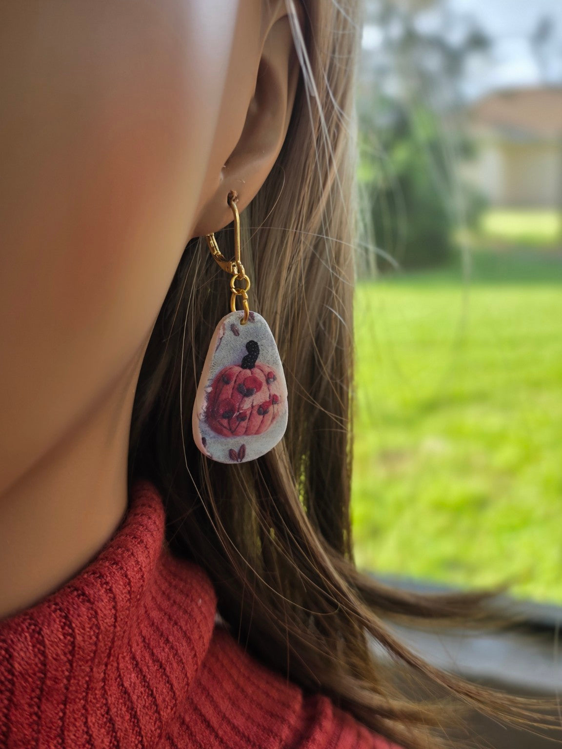 Fall Floral Pumpkin Dangle Earrings 🎃 Crimson Bloom & Pumpkin