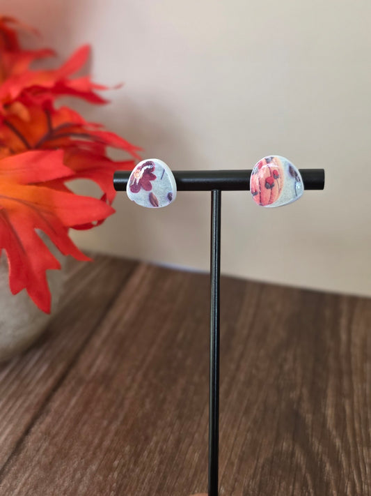 Fall Floral Pumpkin Stud Earrings 🎃 Crimson Bloom & Pumpkin