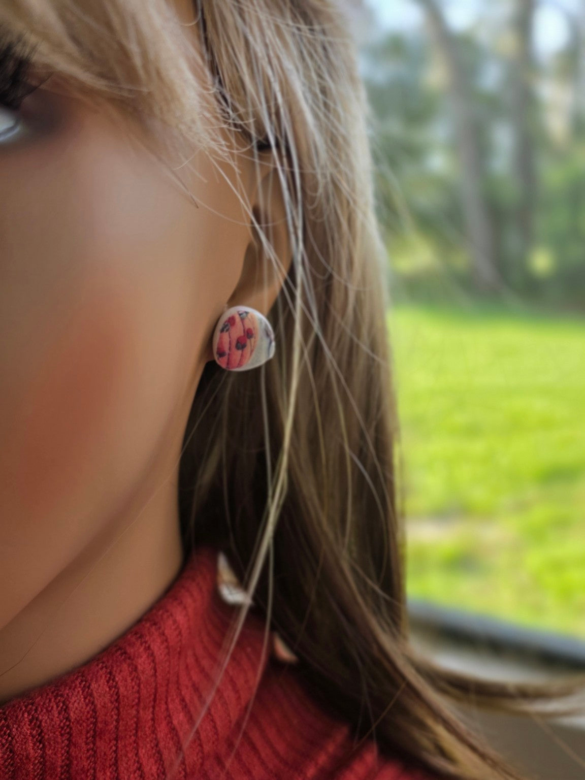 Fall Floral Pumpkin Stud Earrings 🎃 Crimson Bloom & Pumpkin