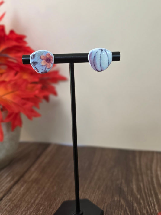 Fall Floral Pumpkin Stud Earrings 🎃 Peach Bloom & White Pumpkin (Non-Resin Gloss)