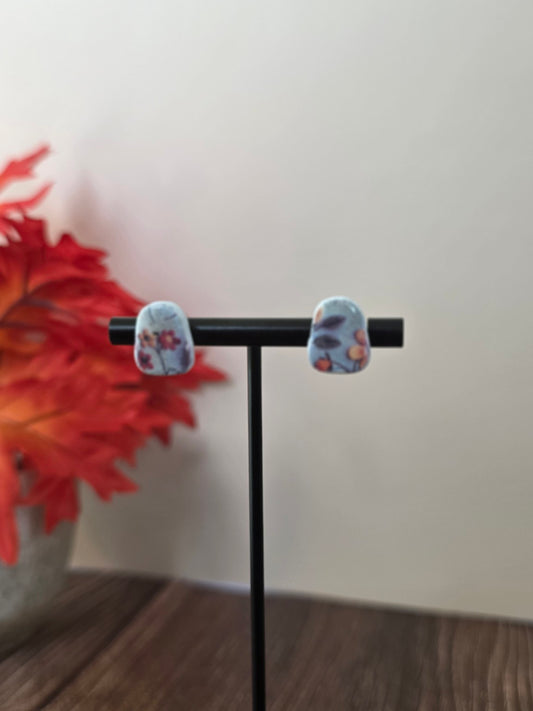 Fall Floral Pumpkin Stud Earrings 🎃 Misty Blue & Berry Bloom (Non-Resin Gloss)