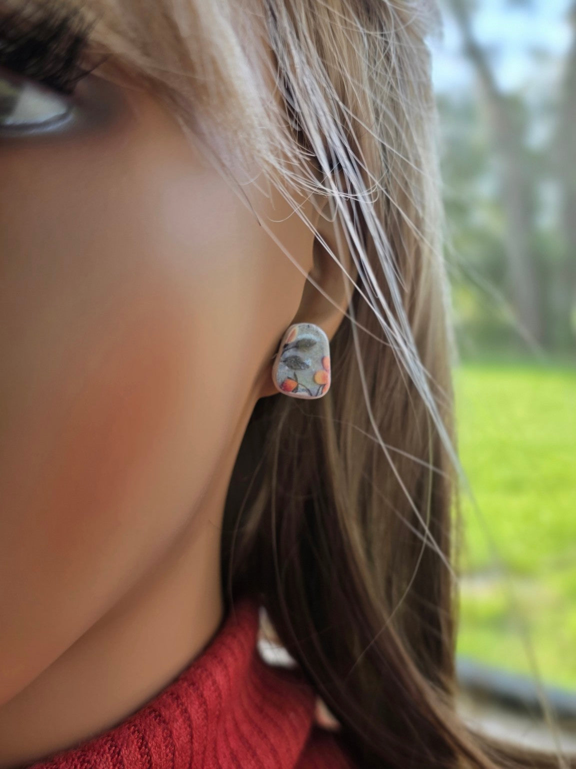 Fall Floral Pumpkin Stud Earrings 🎃 Misty Blue & Berry Bloom (Non-Resin Gloss)