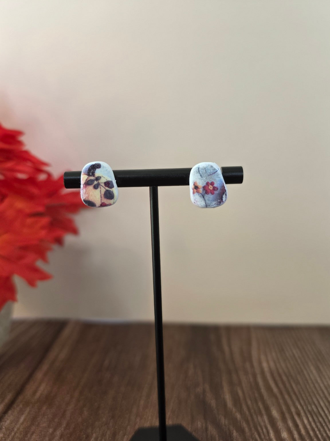 Fall Floral Pumpkin Stud Earrings 🎃 Berry & Misty Blue Blooms (Non-Resin Gloss)