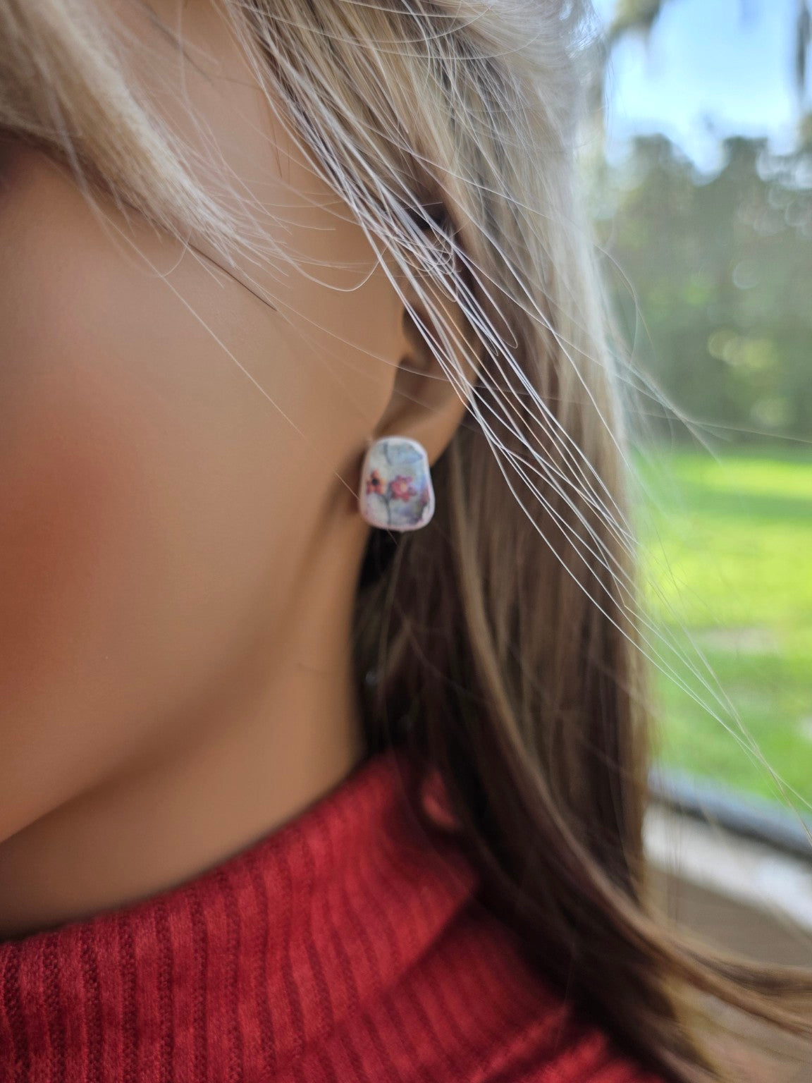 Fall Floral Pumpkin Stud Earrings 🎃 Berry & Misty Blue Blooms (Non-Resin Gloss)