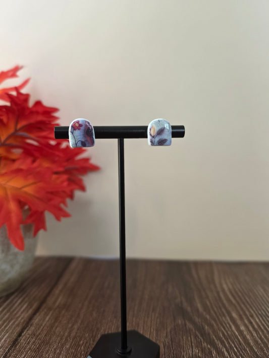Fall Floral Pumpkin Stud Earrings 🎃 Misty & Mauve Blooms (Non-Resin Gloss)