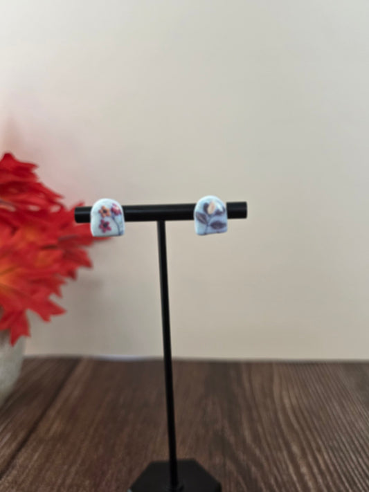Fall Floral Pumpkin Stud Earrings 🎃 Autumn Berry & Lavender Blooms (Non-Resin Gloss)