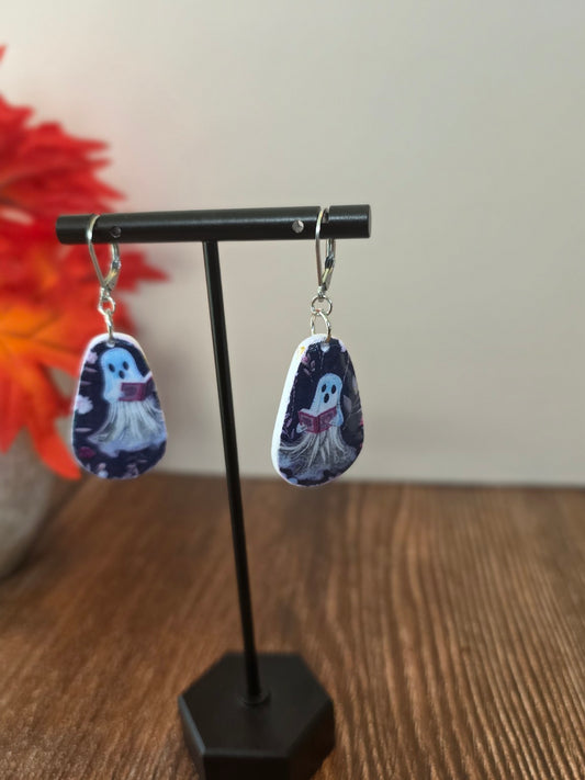 Ghostly Chapters Dangle Earrings 👻 Resin Teardrops with Bookish Ghosts