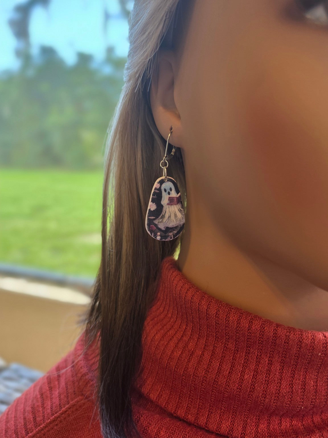 Ghostly Chapters Dangle Earrings 👻 Resin Teardrops with Bookish Ghosts
