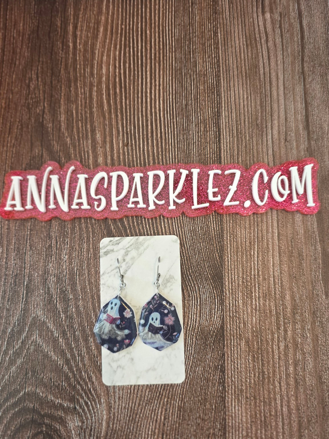 Ghostly Chapters Dangle Earrings 👻 Resin Ghost Readers in Midnight Florals
