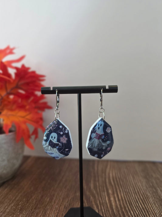 Ghostly Chapters Dangle Earrings 👻 Resin Ghost Readers in Midnight Florals