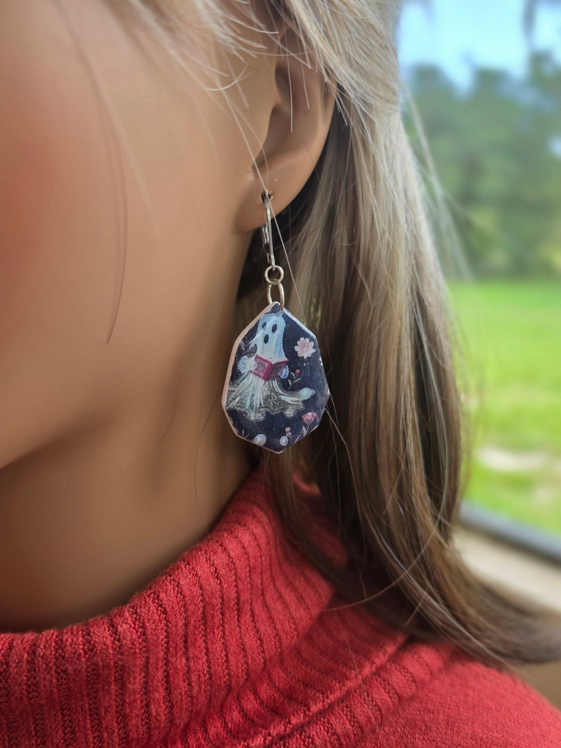 Ghostly Chapters Dangle Earrings 👻 Resin Ghost Readers in Midnight Florals