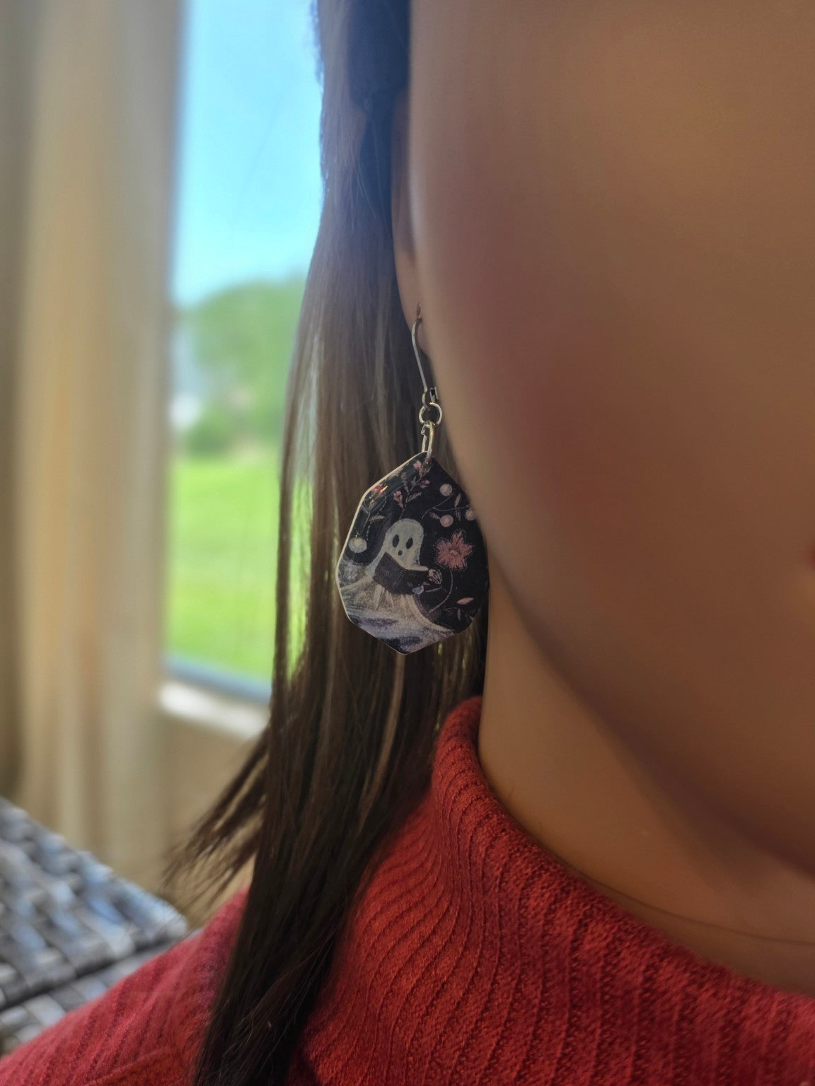Ghostly Chapters Dangle Earrings 👻 Resin Ghost Readers in Midnight Florals