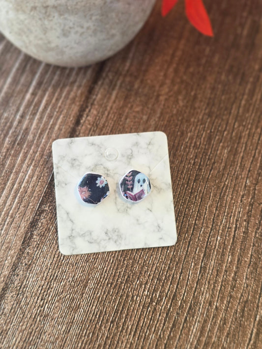 Ghostly Chapters Stud Earrings 👻 Glossy Bookish Ghosts in Midnight Florals